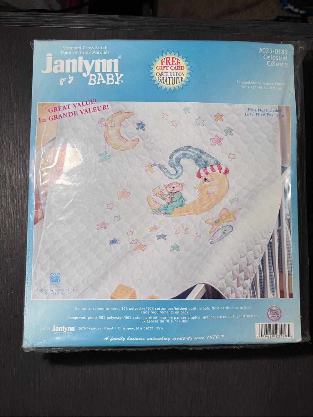 Janlynn Baby Celestial Stamped Cross Stitch Quilt Kit Moon Stars 34x43 #023-0189